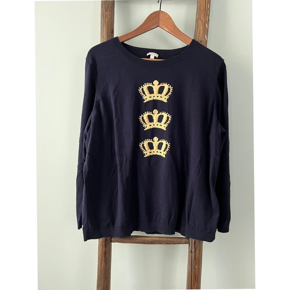 Talbots Crown Print Sweater Crew Neck Long Sleeve Navy Blue 2X - Picture 1 of 4